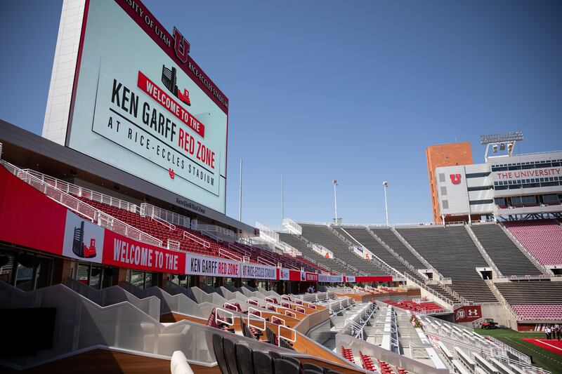 Seating in the new Ken Garff Red Zone at Rice-Eccles Stadium in Salt Lake City is pictured on Thursday, Aug. 12, 2021.