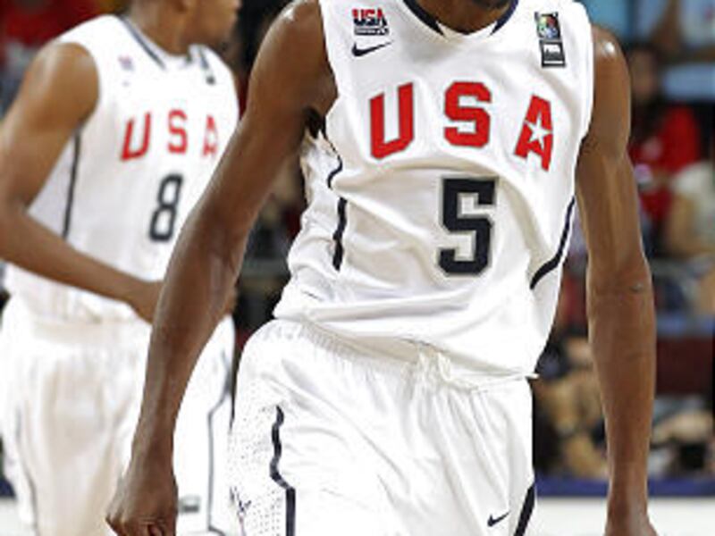 Kevin Durant reacts during his record 38-point outing and Team USA's semifinal win over Lithuania.