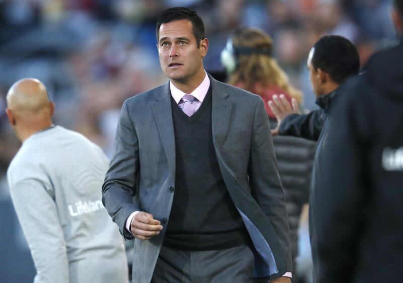 Real Salt Lake head coach Mike Petke looks on against the Colorado Rapids in the first half of an MLS soccer match, Sunday, Oct. 15, 2017, in Commerce City, Colo. (AP Photo/David Zalubowski)