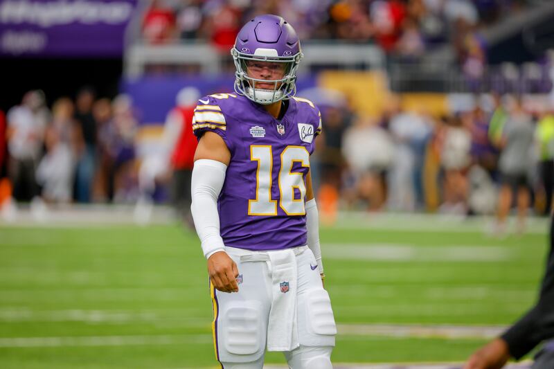 Minnesota Vikings quarterback Jaren Hall warms up before a game against the Tampa Bay Buccaneers in Minneapolis.