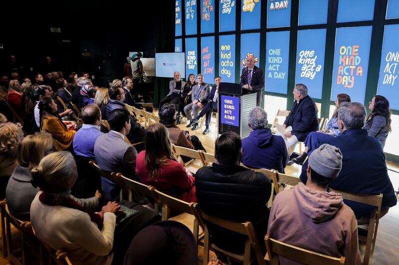 Gov. Spencer Cox speaks at the “One Kind Act a Day” global campaign launch celebration at Gallivan Center in Salt Lake City on Tuesday.