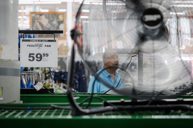 Stacks of air conditioners, fans and other cooling equipment at McLendon Hardware in Renton, Washington.