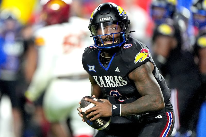 Kansas quarterback Jalon Daniels looks to pass during game against Iowa State Saturday, Nov. 9, 2024, in Kansas City, Mo. Kansas will be visiting No. 7 BYU Saturday night.