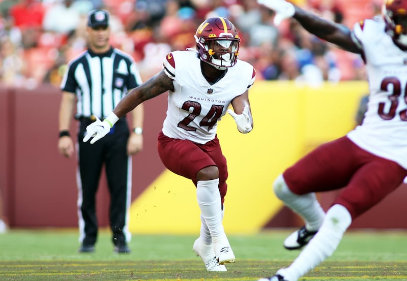 Washington Commanders safety Terrell Burgess (24) runs during an NFL preseason football game against the Cincinnati Bengals.