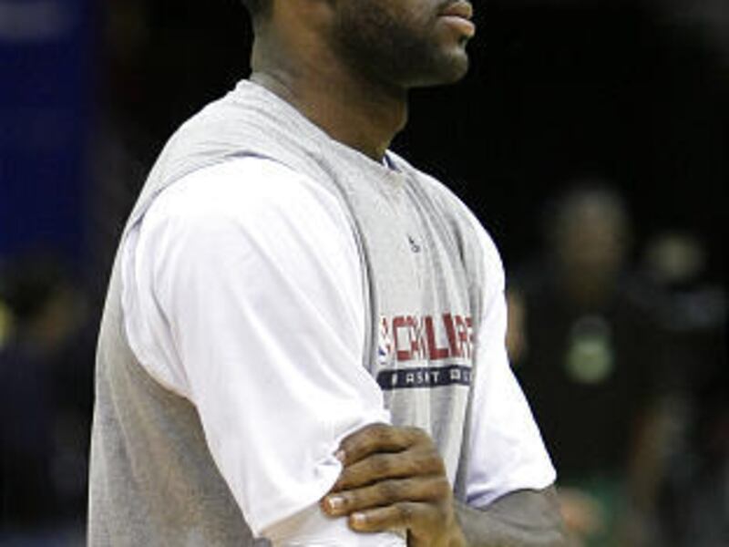 Cleveland Cavaliers' LeBron James looks on during warmups before Game 1 against the Boston Celtics.