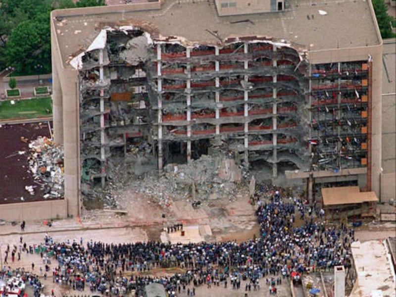 This file photo taken May 5, 1995, shows thousands of search and rescue crews attending a memorial service in front of the Alfred P. Murrah Federal Building in Oklahoma City. A Utah attorney is seeking security tapes from the the bombing scene as part of