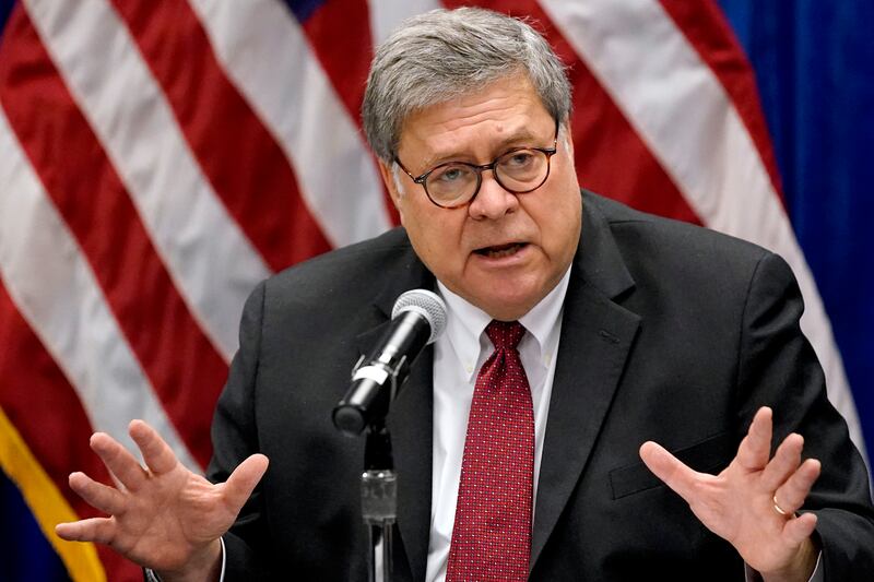 In this Oct. 15, 2020, file photo Attorney General William Barr speaks during a roundtable discussion on Operation Legend, a federal program to help cities combat violent crime in St. Louis.