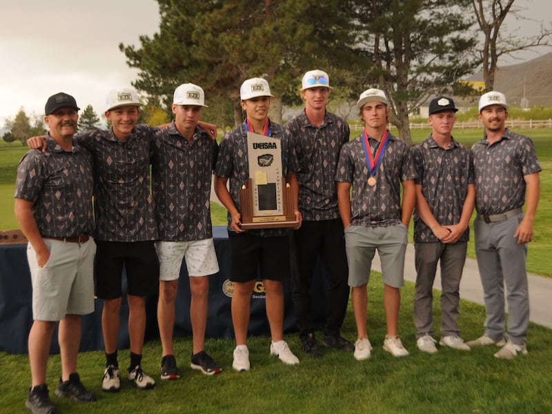 The Valley High School boys golf team celebrates its 1A championship Wednesday, May 17, 2023, at the Cove View Golf Course in Richfield, Utah.