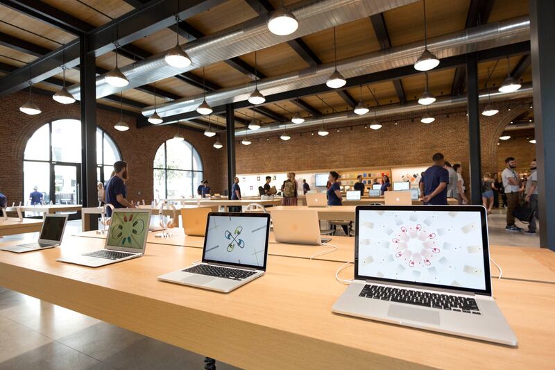 Mac laptops are displayed at a new Apple Store in the Williamsburg section in the Brooklyn borough of New York.