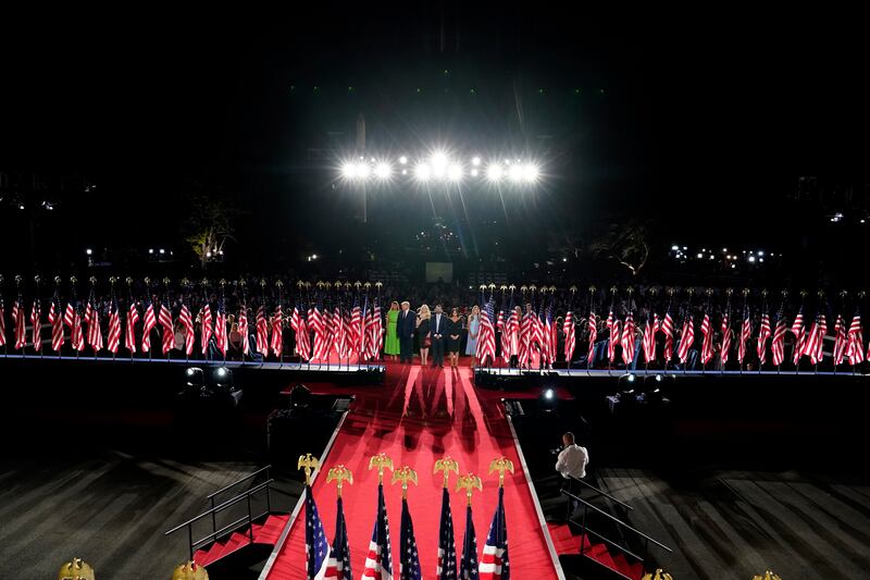 From left, first lady Melania Trump, President Donald Trump, Tiffany Trump, Donald Trump Jr., Kimberly Guilfoyle and Lara Trump and others leave after Donald Trump spoke from the South Lawn of the White House on the fourth day of the Republican National Convention, Thursday, Aug. 27, 2020, in Washington.