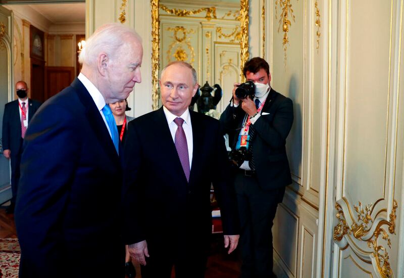 U.S President Joe Biden, left, and Russian President Vladimir Putin in Geneva, Switzerland, Wednesday, June 16, 2021.