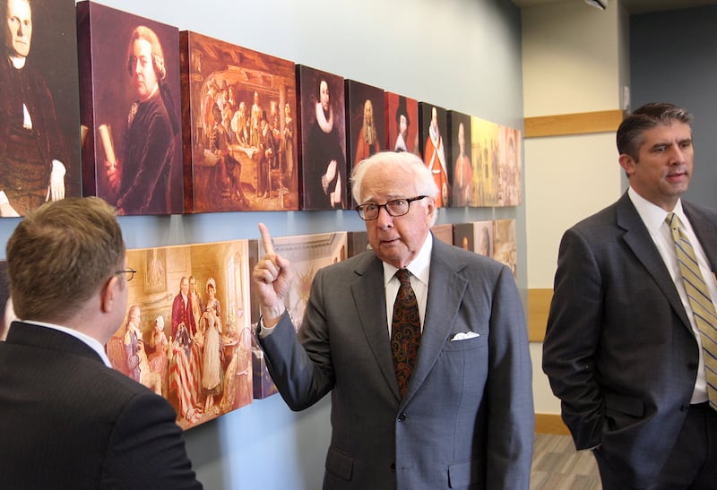 Pulitzer Prize-winning author and historian David McCullough jokes as he points to one of his favorite subjects, John Adams.