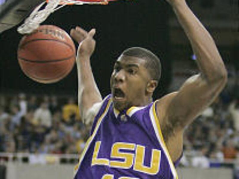LSU's Tyrus Thomas reacts after dunking against Duke Thursday.