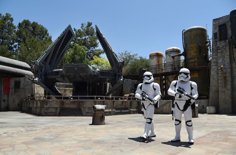 Stormtroopers patrol the Tie Echelon Stage during the Star Wars: Galaxy’s Edge Media Preview at Disneyland Park, Wednesday, May 29, 2019, in Anaheim, Calif.