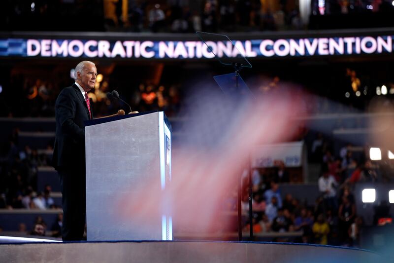 In this July 27, 2016, file photo, Vice President Joe Biden speaks during the Democratic National Convention in Philadelphia. The first national political convention of the coronavirus era has arrived.