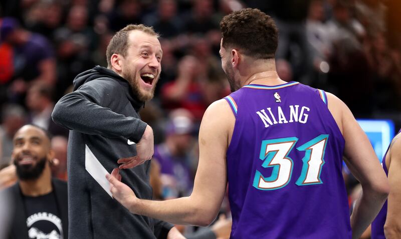 Utah Jazz forward Joe Ingles (2) has fun with teammate Utah Jazz forward Georges Niang (31) as the Utah Jazz and the New York Knicks play an NBA basketball game at Vivint Smart Home Arena in Salt Lake City on Wednesday, Jan. 8, 2020. Utah won 128-104.