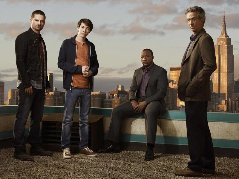 (l-r) Warren Christie as Cameron Hicks, Ryan Cartwright as Gary Bell, Malik Yoba as Bill Harken, David Strathairn as Dr. Leigh Rosen in Syfy's "Alphas."