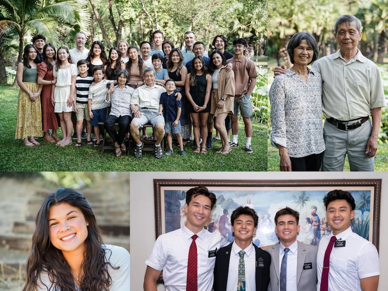 Photos of a family, a couple, four missionaries and a young woman.