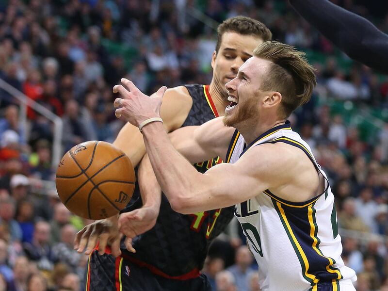 Utah Jazz forward Gordon Hayward (20) is fouled by Atlanta Hawks forward Kris Humphries (43) as the Utah Jazz lose to the Atlanta Hawks 91-84 in NBA basketball action Tuesday, March 8, 2016, in Salt Lake City.