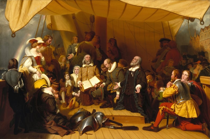 The painting “Embarkation of the Pilgrims” by Robert Walter Weir shows English Puritans praying aboard their ship.