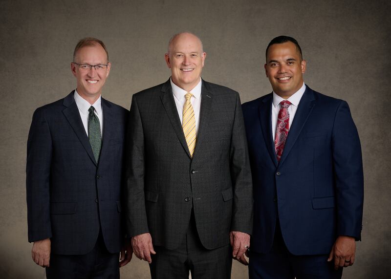 The Sunday School general presidency of The Church of Jesus Christ of Latter-day Saints, from left: Brother Chad H Webb, first counselor; President Paul V. Johnson; and Brother Gabriel W. Reid, second counselor.