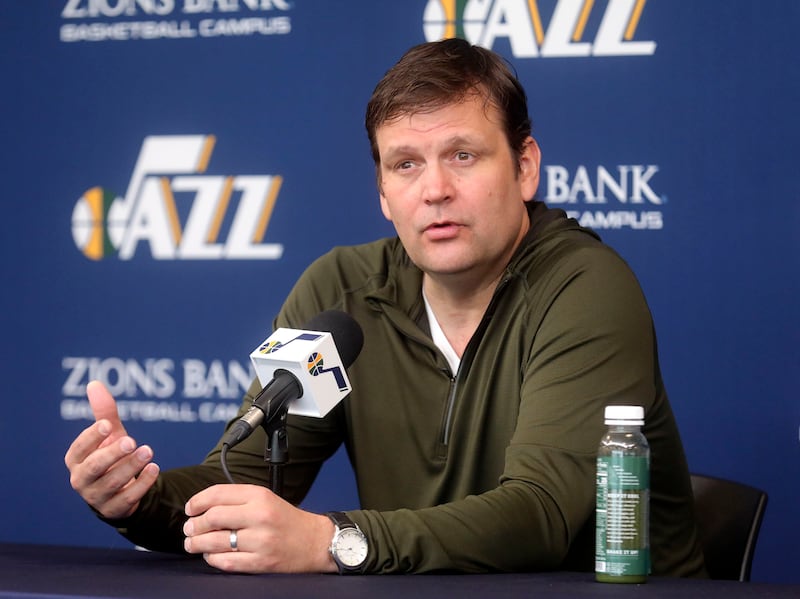 Dennis Lindsey, Utah Jazz general manager, talks to members of the media at the Zions Bank Basketball Center in Salt Lake City on April 25, 2019.