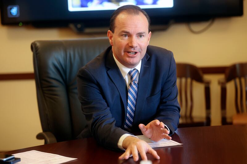 Sen. Mike Lee, R-Utah, meets with the state Senate Minority Caucus at the Capitol in Salt Lake City.