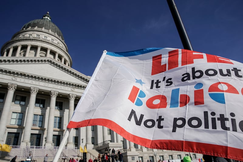 An anti-abortion flag is pictured during the annual March for Life in Salt Lake City on Jan. 22, 2022.