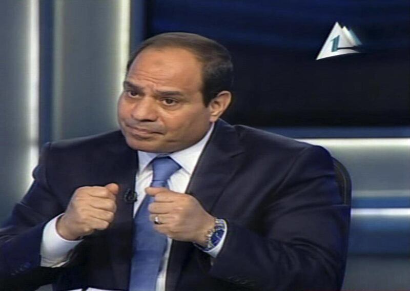 In this Tuesday, May 6, 2014 file image made from video broadcast on Egypt's State Television, Egypt's retired Field Marshal Abdel-Fattah el-Sissi speaks during an interview in a nationally televised broadcast in Cairo, Egypt. El-Sissi, the former militar