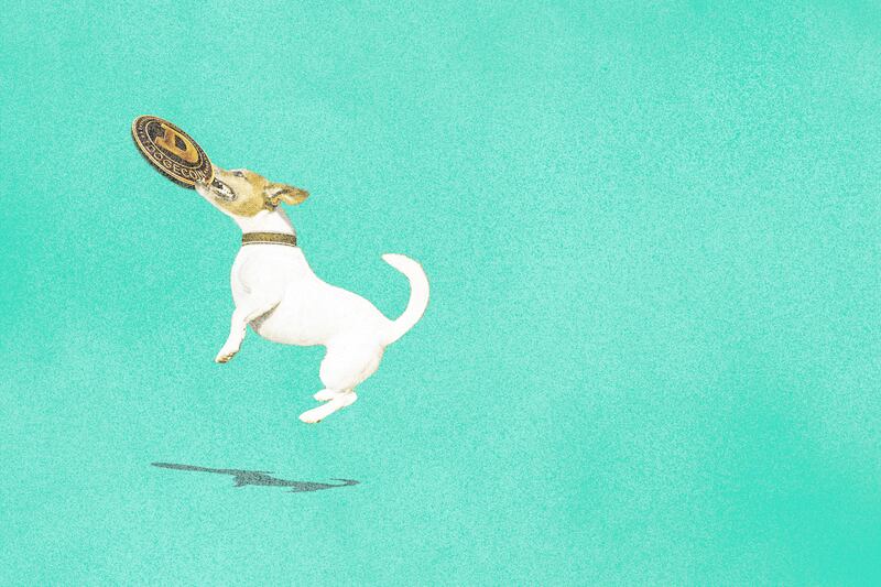 An illustration that shows a dog catching a coin.