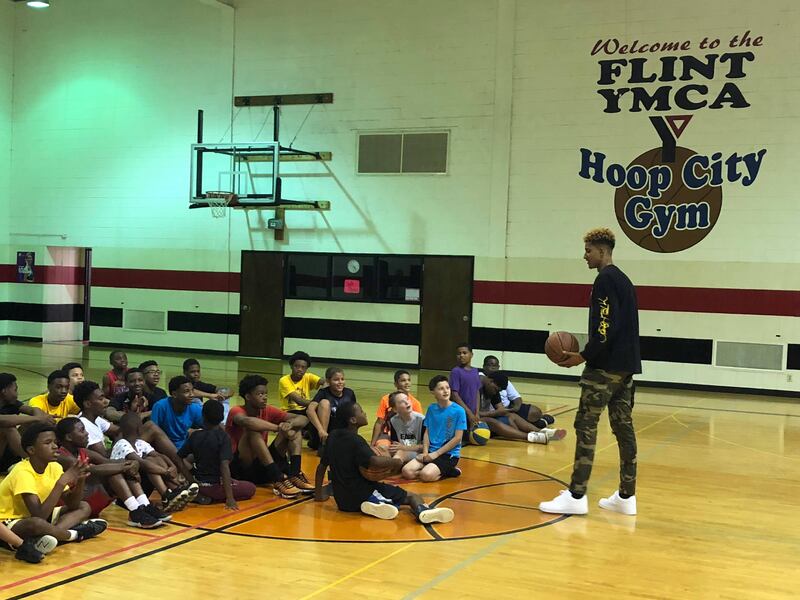 Los Angeles Lakers forward Kyle Kuzma speaks to kids at the YMCA of Greater Flint on Wednesday, July 24, 2019, during his homecoming event, which happened to be his 24th birthday. He also donated $10,000 to the local YMCA in his hometown of Flint, Michiga