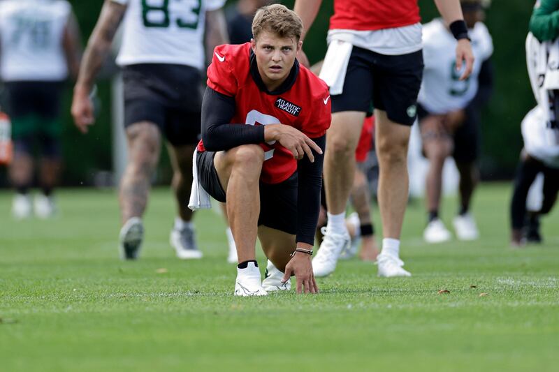 New York Jets quarterback Zach Wilson takes part in drills on Thursday, July 28, 2022.
