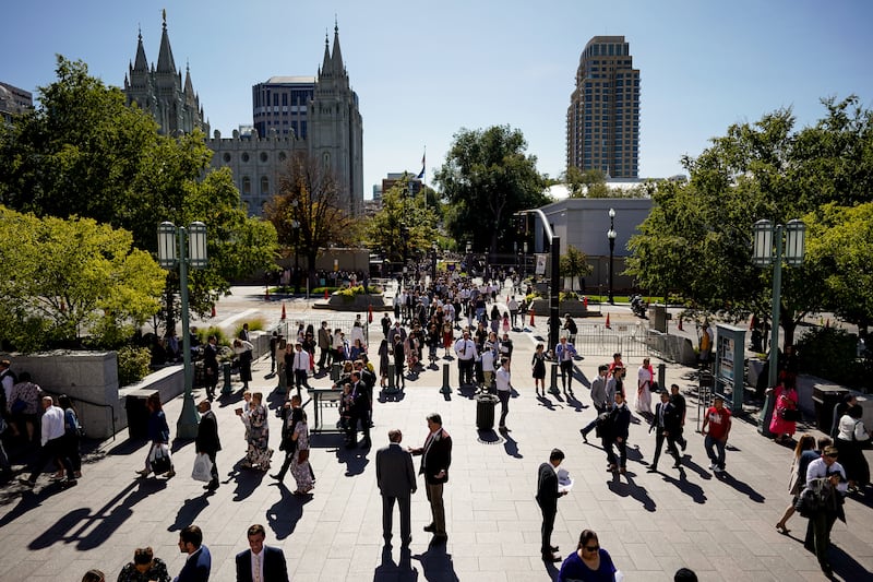 People walk around between Temple Square and the Conference Center on Saturday, Oct. 5, 2019.