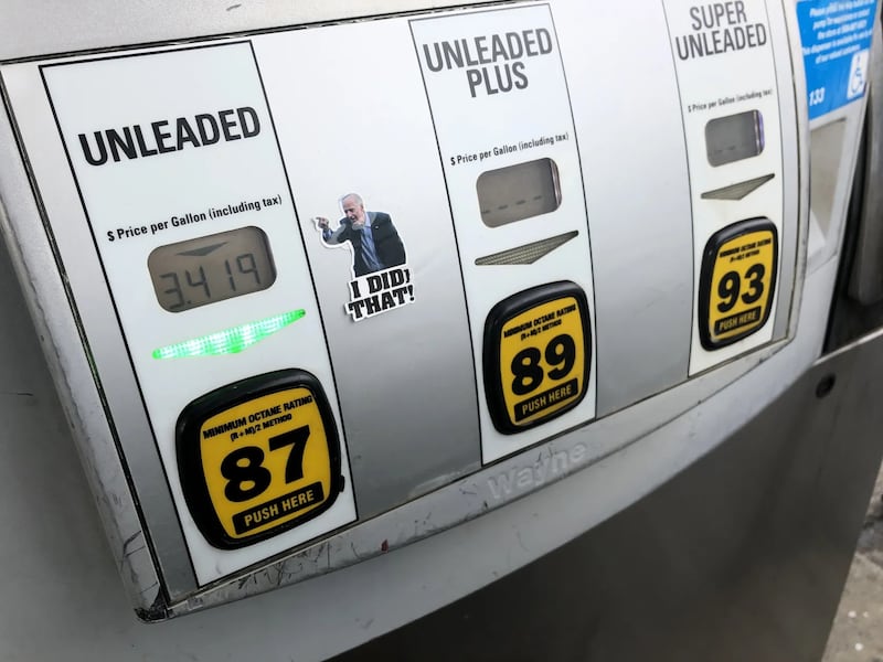 A gas pump at Cumberland Farms in Grafton, Massachusetts, with a Joe Biden “I did that” sticker on it. The sticker is being sold on Amazon and other e-commerce sites and put up by people who don’t like President Joe Biden.