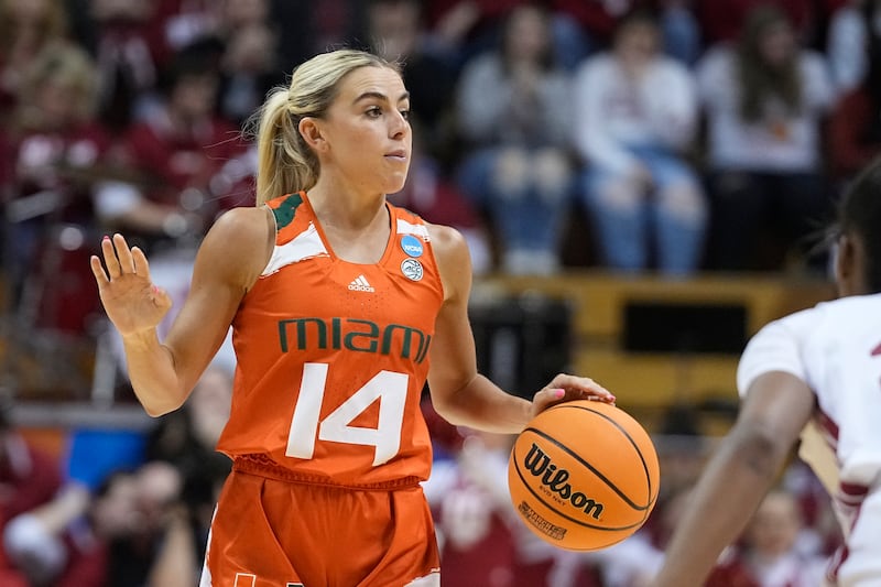 Miami’s Haley Cavinder dribbles during a college basketball game.