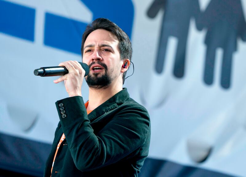 FILE - In this file photo dated Saturday, March 24, 2018, Lin-Manuel Miranda performs in support of gun control in Washington, USA. Lin-Manuel Miranda’s musical about U.S. founding father Alexander Hamilton is nominated in 13 categories, including best ne