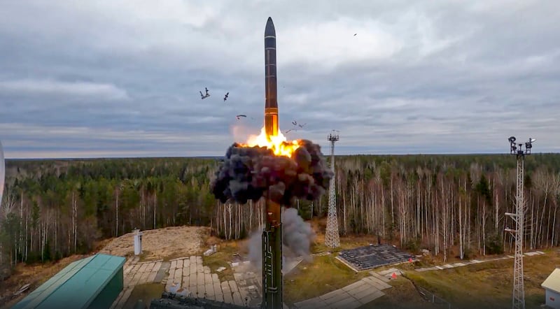 A Yars intercontinental ballistic missile is test-fired as part of Russia’s nuclear drills from a launch site in Plesetsk, northwestern Russia.