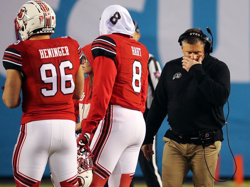 Utah Utes head coach Kyle Whittingham walks the field during a time out while playing Northwestern in NCAA football at the Holiday Bowl in San Diego on Monday, Dec. 31, 2018.