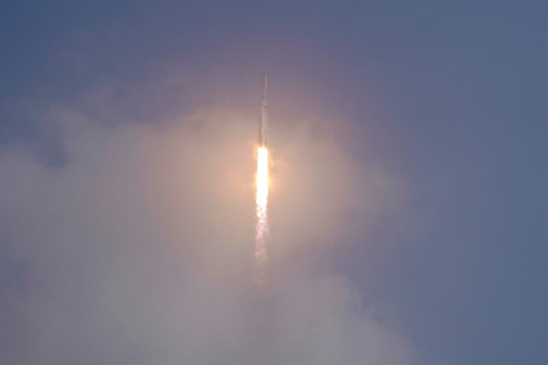 A SpaceX Falcon Heavy rocket lifts off from pad 39A at the Kennedy Space Center in Cape Canaveral, Florida.