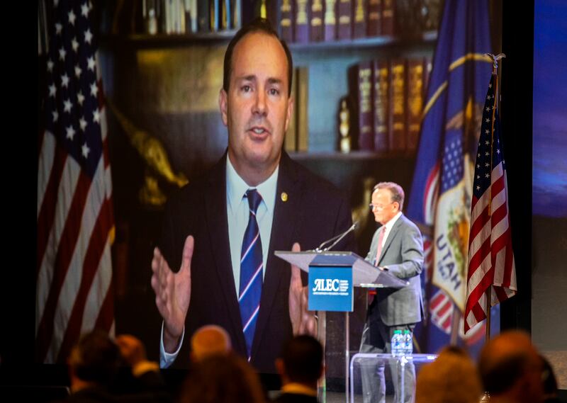 Utah Sen. Mike Lee speaks at the American Legislative Exchange Council breakfast.