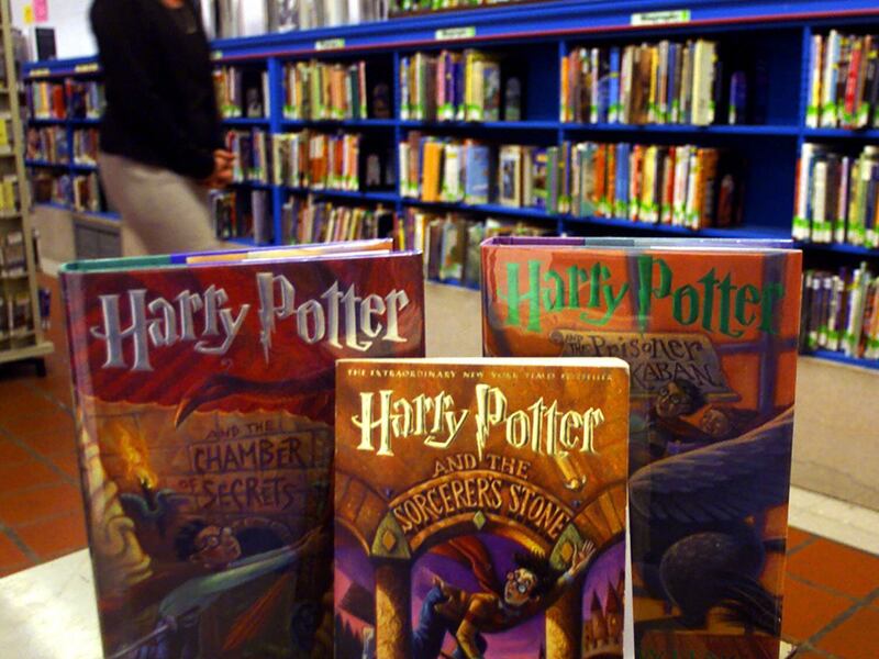 Harry Potter books are displayed at the Public Library of Philadelphia in this March 16, 2000, file photo. A rare copy of “Harry Potter and the Philosopher’s Stone” has sold for around $90,000.
