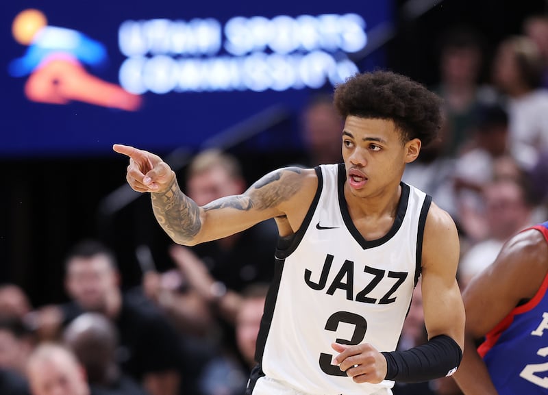 Utah Jazz guard Keyonte George (3) points to a teammate after draining a 3-point shot