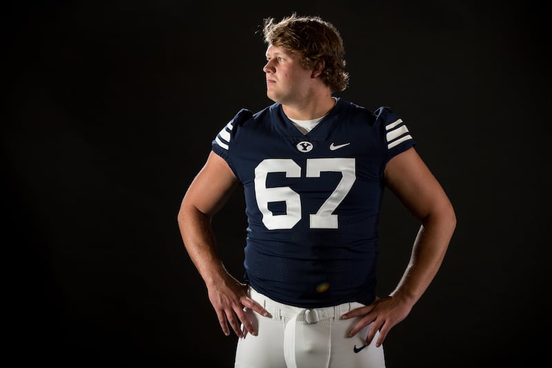 BYU offensive lineman Brady Christensen poses for a photo at BYU's Indoor Practice Facility in Provo on Wednesday, Aug. 8, 2018.