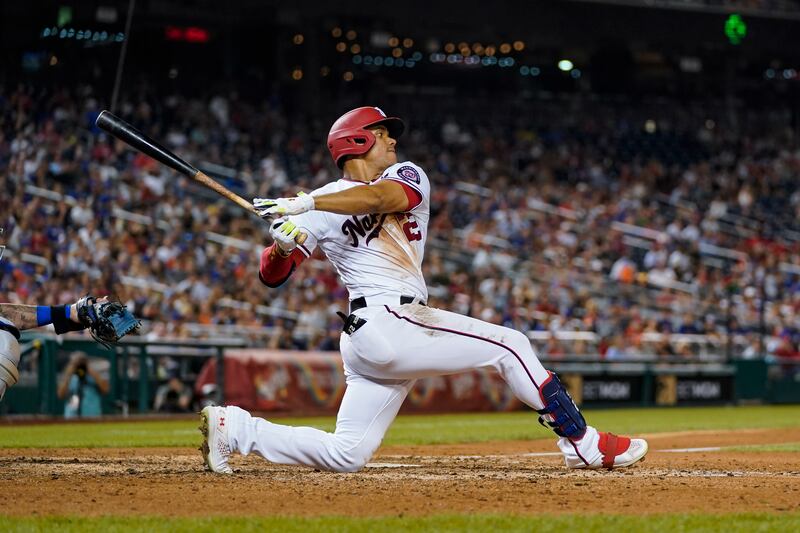 Washington Nationals’ Juan Soto bats during a baseball game against the New York Mets at Nationals Park, Monday, Aug. 1, 2022, in Washington. (AP Photo/Alex Brandon)