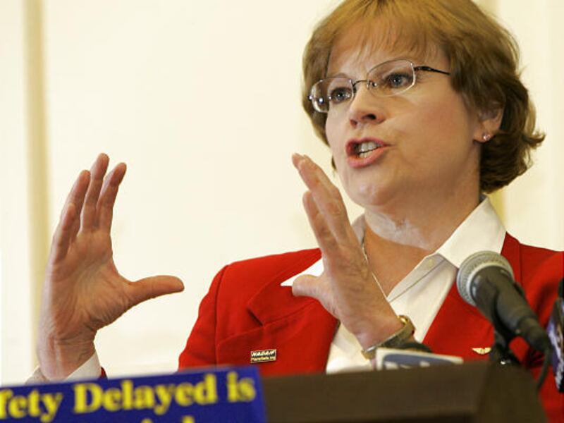 Mary Schiavo, former inspector general for the U.S. Department of Transportation, gestures while speaking at a news conference on aviation safely in Newark, N.J., Tuesday.
