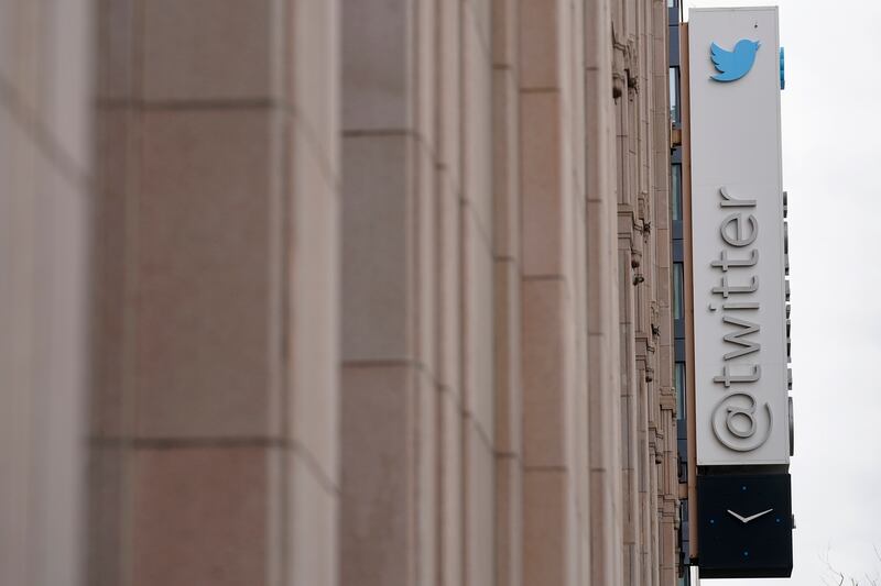A sign at Twitter headquarters is shown in San Francisco.