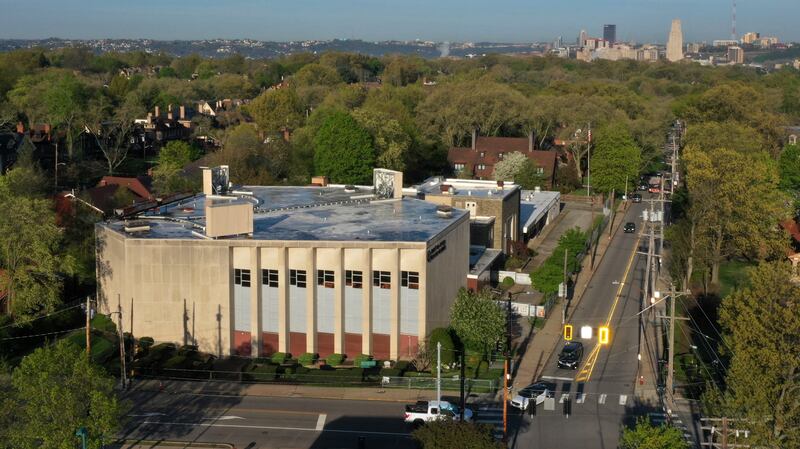The Tree of Life Synagogue, lower left, stands in the Squirrel Hill neighborhood of Pittsburgh on Thursday, April 19, 2023.