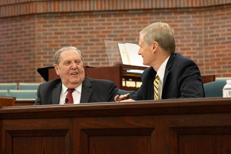 President Jeffrey R. Holland and Elder David A. Bednar teach in a stake meetinghouse in Lake Elsinore, California.