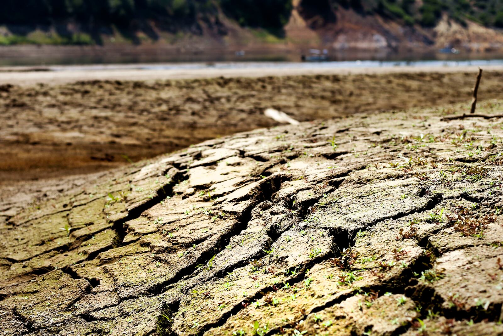 Cracked earth is seen in the waterbed of Jordanelle Reservoir near Kamas,