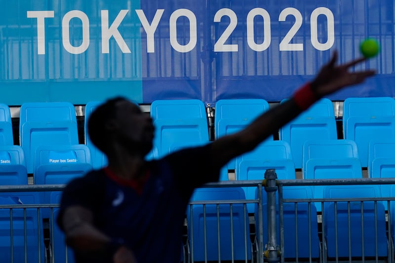 Gael Monfils, of France, practices at the Ariake Tennis Center ahead of the 2020 Summer Olympics in Tokyo.